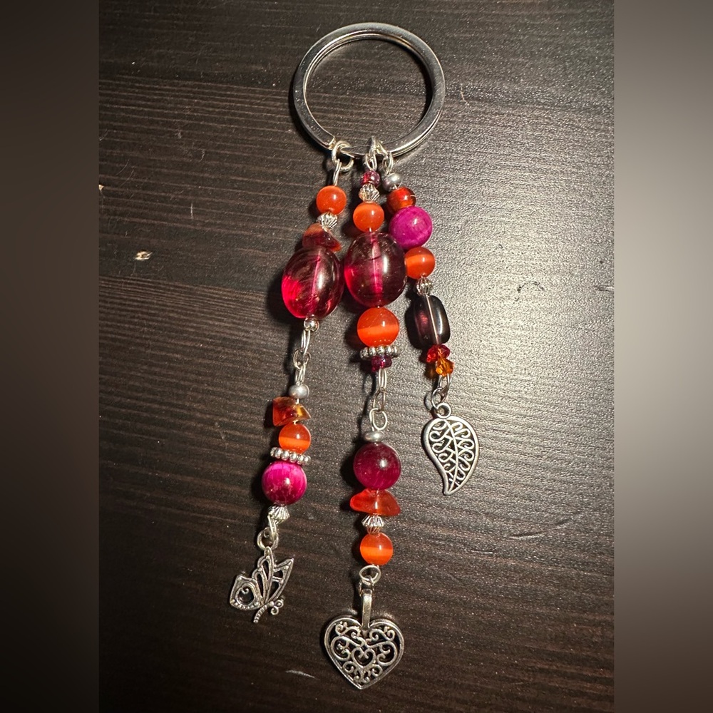 Boho pink and orange crystal keychain